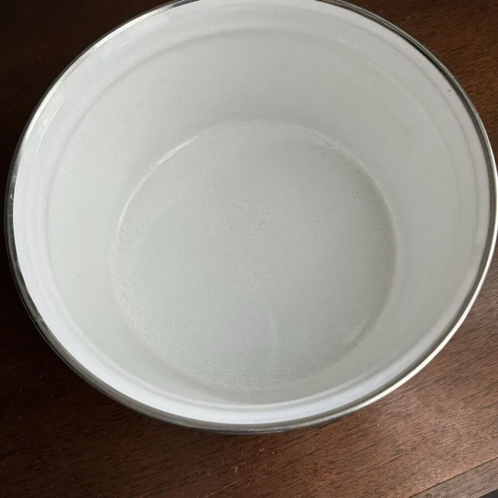 Vintage MCM White Enamel Pot w Lid Blue Kitchen Art Work Blue 4
